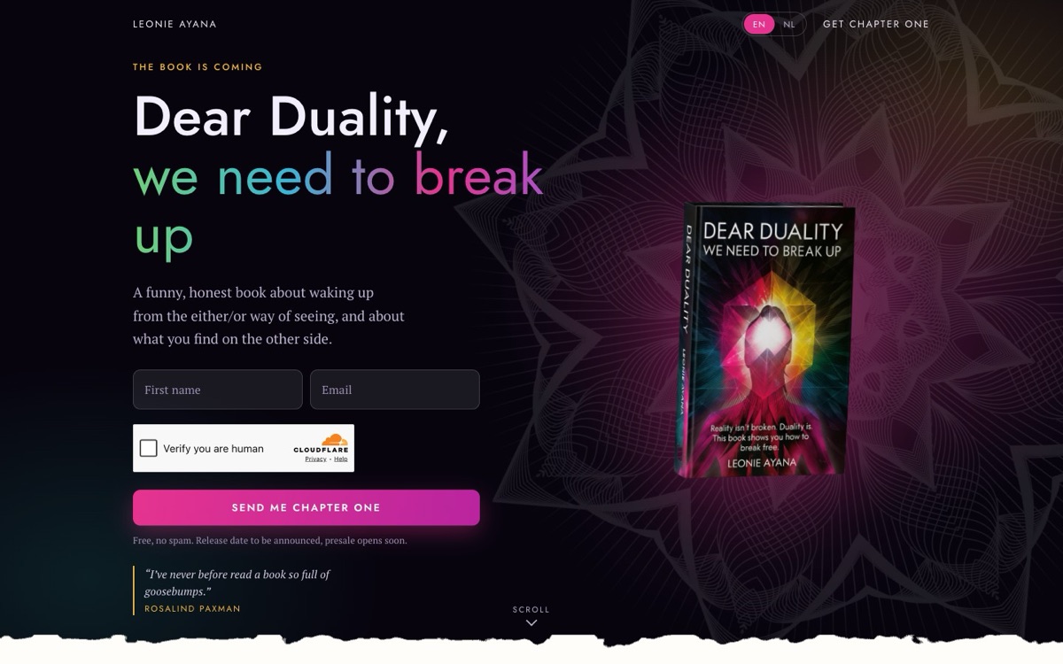 Homepage van beyondduality.earth, de website van het boek Dear Duality