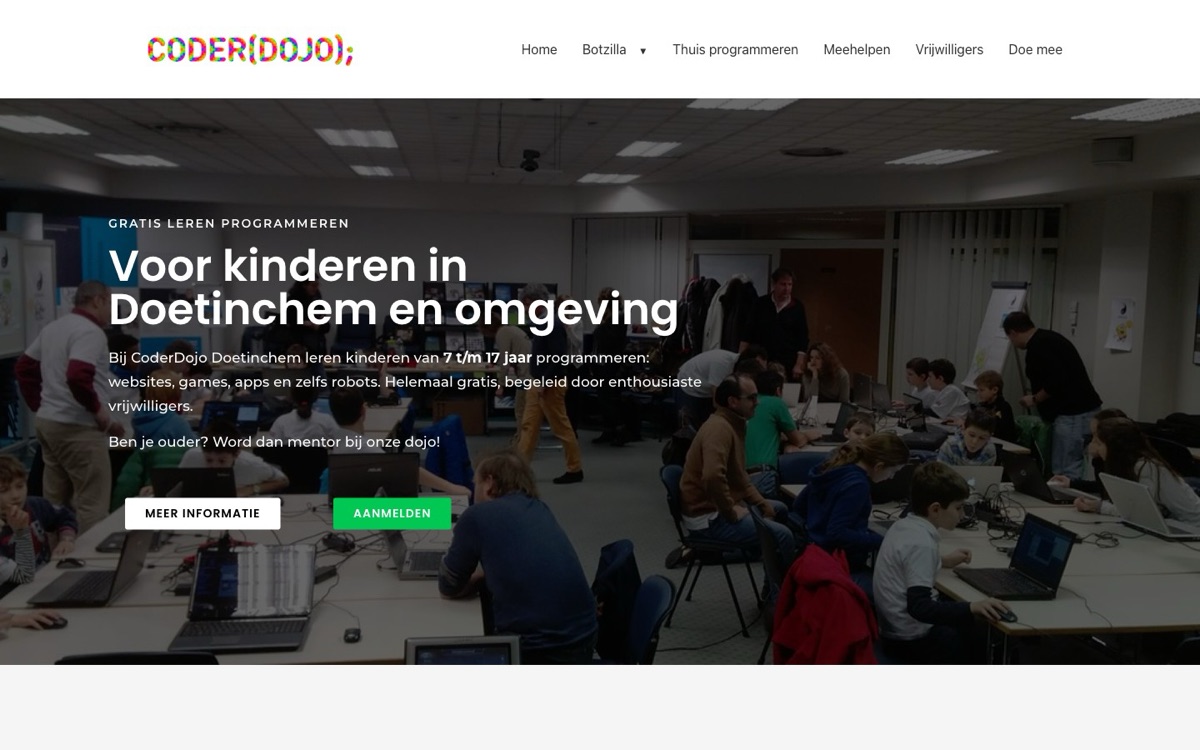 Homepage van CoderDojo Doetinchem, gratis leren programmeren voor kinderen