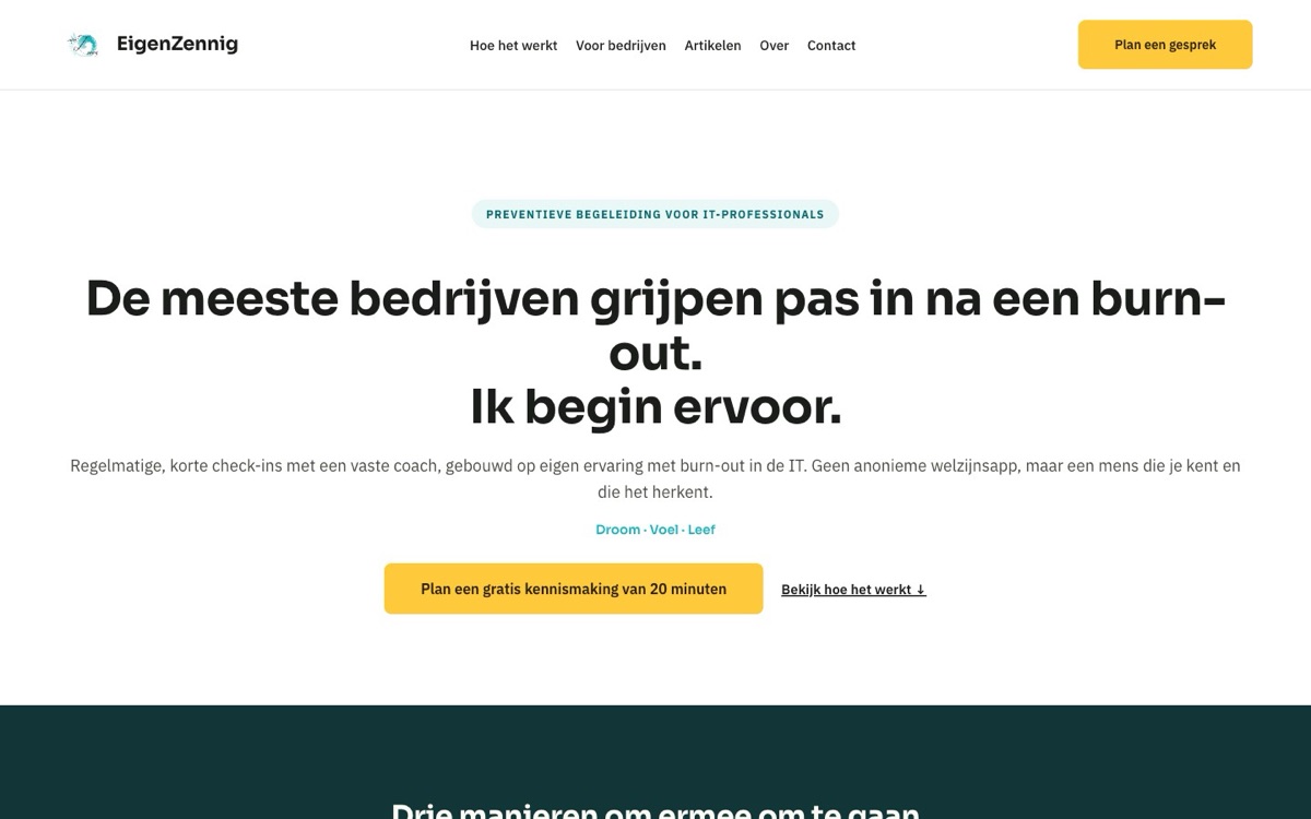 Homepage van eigenzennig.nl, burn-outpreventie voor IT-professionals